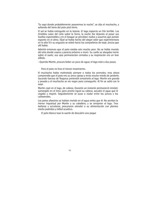 16
“Es aquí donde probablemente pasaremos la noche”, se dijo el muchacho, y
saltando del lomo del pato pisó tierra.
El sol se había extinguido en la lejanía. El lago esparcía un frío terrible. Las
tinieblas caían del cielo sobre la tierra, la noche iba dejando al pasar sus
huellas espantables y en el bosque se percibían ruidos y susurros que ponían
espanto en el alma. ¡Qué se había hecho del alegre valor que experimentara
en lo alto! En su angustia se volvió hacia los compañeros de viaje, únicos que
allí había.
Advirtió entonces que el pato estaba aún mucho peor. No se había movido
del sitio donde cayera y parecía próximo a morir. Su cuello se alargaba inerte
sobre el suelo; sus ojos permanecían cerrados y su respiración era un leve
silbido.
—Querido Martín, procura beber un poco de agua; el lago está a dos pasos.
Pero el pato no hizo el menor movimiento.
El muchacho había maltratado siempre a todos los animales; mas ahora
comprendía que el pato era su único apoyo y tenía mucho miedo de perderlo.
Sacando fuerzas de flaqueza pretendió arrastrarlo al lago. Martín era grande
y pesado y el muchacho se vio negro para conseguirlo. Al fin se salió con la
suya.
Martín cayó en el lago, de cabeza. Durante un instante permaneció inmóvil,
sumergido en el limo; pero pronto irguió su cabeza, sacudió el agua que le
cegaba y respiró. Seguidamente se puso a nadar entre los juncos y los
cañaverales.
Los patos silvestres se habían metido en el agua antes que él. No sentían la
menor inquietud por Martín y su caballero, y se arrojaron al lago. Tras
bañarse y acicalarse, procuraron atender a su alimentación con plantas
medio podridas y trébol acuático.
El pato blanco tuvo la suerte de descubrir una peque
 