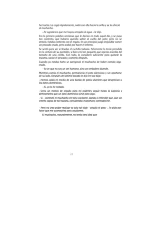 17
ña trucha. La cogió rápidamente, nadó con ella hacia la orilla y se la ofreció
al muchacho.
—Te agradezco que me hayas arrojado al agua —le dijo.
Era la primera palabra amistosa que le decían en todo aquel día, y se puso
tan contento, que hubiera querido saltar al cuello del pato; pero no se
atrevió. Estaba contento con el regalo. En un principio juzgó imposible comer
un pescado crudo, pero acabó por hacer el intento.
Se sentó para ver si llevaba el cuchillo todavía. Felizmente lo tenía prendido
en la cintura de su pantalón, si bien era tan pequeño que apenas excedía del
tamaño de una cerilla. Con todo, lo consideró suficiente para quitarle la
escama, vaciar el pescado y comerlo déspués.
Cuando ya estaba harto se avergonzó el muchacho de haber comido algo
crudo.
—Se ve que no soy un ser humano, sino un verdadero duende.
Mientras comía el muchacho, permanecía el pato silencioso y sin apartarse
de su lado. Después del último bocado le dijo en voz baja:
—Hemos caído en medio de una banda de patos silvestres que desprecian a
los patos domésticos.
—Si, ya lo he notado.
—Seria un motivo de orgullo para mí poderles seguir hasta la Laponia y
demostrarles que un pato doméstico sirve para algo.
—Sí —contestó el muchacho en tono vacilante, dando a entender que, aun sin
creerlo capaz de tal hazaña, consideraba inoportuno contradecirle.
—Pero no creo poder realizar yo solo tal viaje —añadió el pato—. Te pido por
favor que me acompañes para ayudarme.
El muchacho, naturalmente, no tenía otra idea que
 