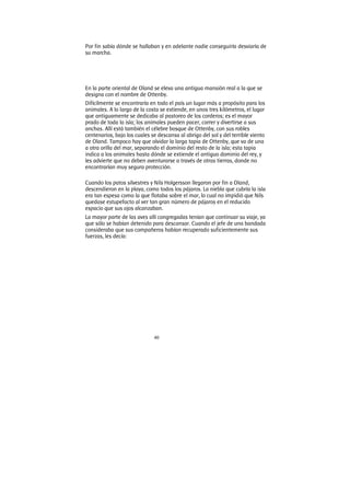 40
Por fin sabía dónde se hallaban y en adelante nadie conseguiría desviaría de
su marcha.
En la parte oriental de Oland se eleva una antigua mansión real a la que se
designa con el nombre de Ottenby.
Difícilmente se encontraría en todo el país un lugar más a propósito para los
animales. A lo largo de la costa se extiende, en unos tres kilómetros, el lugar
que antiguamente se dedicaba al pastoreo de los corderos; es el mayor
prado de toda la isla; los animales pueden pacer, correr y divertirse a sus
anchas. Allí está también el célebre bosque de Ottenby, con sus robles
centenarios, bajo los cuales se descansa al abrigo del sol y del terrible viento
de Oland. Tampoco hay que olvidar la larga tapia de Ottenby, que va de una
a otra orilla del mar, separando el dominio del resto de la isla; esta tapia
indica a los animales hasta dónde se extiende el antiguo dominio del rey, y
les advierte que no deben aventurarse a través de otras tierras, donde no
encontrarían muy segura protección.
Cuando los patos silvestres y Nils Holgersson llegaron por fin a Oland,
descendieron en la playa, como todos los pájaros. La niebla que cubría la isla
era tan espesa como la que flotaba sobre el mar, lo cual no impidió que Nils
quedase estupefacto al ver tan gran número de pájaros en el reducido
espacio que sus ojos alcanzaban.
La mayor parte de las aves allí congregadas tenían que continuar su viaje, ya
que sólo se habían detenido para descansar. Cuando el jefe de una bandada
consideraba que sus compañeros habían recuperado suficientemente sus
fuerzas, les decía:
 