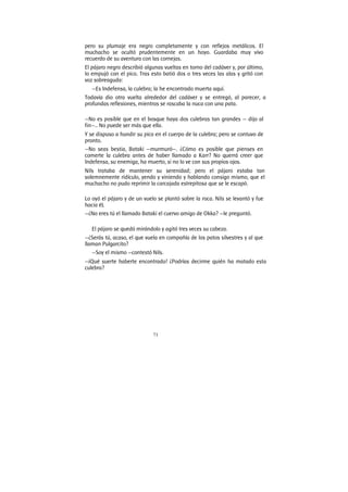 71
pero su plumaje era negro completamente y con reflejos metálicos. El
muchacho se ocultó prudentemente en un hoyo. Guardaba muy vivo
recuerdo de su aventura con las cornejas.
El pájaro negro describió algunas vueltas en torno del cadáver y, por último,
lo empujó con el pico. Tras esto batió dos o tres veces las alas y gritó con
voz sobreaguda:
—Es Indefensa, la culebra; la he encontrado muerta aquí.
Todavía dio otra vuelta alrededor del cadáver y se entregó, al parecer, a
profundas reflexiones, mientras se rascaba la nuca con una pata.
—No es posible que en el bosque haya dos culebras tan grandes — dijo al
fin—.. No puede ser más que ella.
Y se dispuso a hundir su pico en el cuerpo de la culebra; pero se contuvo de
pronto.
—No seas bestia, Bataki —murmuró—. ¿Cómo es posible que pienses en
comerte la culebra antes de haber llamado a Karr? No querrá creer que
Indefensa, su enemiga, ha muerto, si no lo ve con sus propios ojos.
Nils trataba de mantener su serenidad; pero el pájaro estaba tan
solemnemente ridículo, yendo y viniendo y hablando consigo mismo, que el
muchacho no pudo reprimir la carcajada estrepitosa que se le escapó.
Lo oyó el pájaro y de un vuelo se plantó sobre la roca. Nils se levantó y fue
hacia éL
—¿No eres tú el llamado Bataki el cuervo amigo de Okka? —le preguntó.
El pájaro se quedó mirándolo y agitó tres veces su cabeza.
—¿Serás tú, acaso, el que vuela en compañía de los patos silvestres y al que
llaman Pulgarcito?
—Soy el mismo —contestó Nils.
—¡Qué suerte haberte encontrado! ¿Podrías decirme quién ha matado esta
culebra?
 