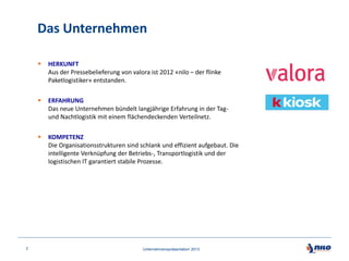 Das Unternehmen




ERFAHRUNG
Das neue Unternehmen bündelt langjährige Erfahrung in der Tagund Nachtlogistik mit einem flächendeckenden Verteilnetz.



2

HERKUNFT
Aus der Pressebelieferung von valora ist 2012 «nilo – der flinke
Paketlogistiker» entstanden.

KOMPETENZ
Die Organisationsstrukturen sind schlank und effizient aufgebaut. Die
intelligente Verknüpfung der Betriebs-, Transportlogistik und der
logistischen IT garantiert stabile Prozesse.

Unternehmenspräsentation 2013

 