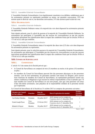 XII.5.2. Assemblée Générale Extraordinaire
L’Assemblée Générale Extraordinaire n’est régulièrement constituée et ne délibère valablement que si
les actionnaires présents ou représentés possèdent au moins, sur première convocation, 55% des
actions ayant le droit de vote et, sur deuxième convocation, 51% des actions ayant le droit de vote.

XII.6. DELIBERATIONS
XII.6.1. Assemblée Générale Ordinaire
L’Assemblée Générale Ordinaire statue à la majorité des voix dont disposent les actionnaires présents
ou représentés.
Sont réputés présents, pour le calcul du quorum et la majorité de l’Assemblée Générale Ordinaire, les
actionnaires qui participent à l’assemblée par des moyens de visioconférence ou par des moyens
équivalents permettant leur identification dans le respect des conditions fixées par les articles 50 bis et
111 de la Loi, telle que modifiée.
XII.6.2. Assemblée Générale Extraordinaire
L’Assemblée Générale Extraordinaire statue à la majorité des deux tiers (2/3) des voix dont disposent
les actionnaires présents ou représentés.
Sont réputés présents, pour le calcul du quorum et la majorité de l’Assemblée Générale Extraordinaire,
les actionnaires qui participent à l’Assemblée par des moyens de visioconférence ou par des moyens
équivalents permettant leur identification dans le respect des conditions fixées par les articles 50 bis et
110 de la Loi, telle que modifiée.

XIII. CONSEIL DE SURVEILLANCE
XIII.1.

COMPOSITION

L’article 16.1 des statuts de la Société prévoit que :
le Conseil de Surveillance est composé de trois (3) membres au moins et de quinze (15) membres
au plus ;
les membres du Conseil de Surveillance peuvent être des personnes physiques ou des personnes
morales. Lors de leur nomination, les personnes morales sont tenues de désigner, pour exercer
leurs fonctions de membres du Conseil de Surveillance, un représentant permanent soumis aux
mêmes conditions et obligations et qui encourt les mêmes responsabilités civiles et pénales que s’il
était membre du Conseil de Surveillance en son nom propre, sans que cette personne soit tenue
d’être elle-même actionnaire, sans préjudice de la responsabilité solidaire de la personne morale
qu’il représente.
Le Conseil de Surveillance de la Société au 31 octobre 2013 se compose des personnes suivantes :
Membre du Conseil
de Surveillance

Fonction

Date de
nomination

Carl Robert Sheldon

Président

30 juillet 2013*

Frank Joseph Perez

VicePrésident

23 février 2012

Khaled Al Sayari

Membre

30 juillet 2013*

Date d’expiration du mandat
AGO statuant sur les comptes de
l’exercice clos le 31 décembre 2018
AGO statuant sur les comptes de
l’exercice clos le 31 décembre 2014
AGO statuant sur les comptes de
l’exercice clos le 31 décembre 2018

Nombre
d’actions
détenues
1
1
1
Source : JLEC

Note d’information – Introduction en bourse de Jorf Lasfar Energy Company

102

 