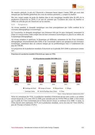 De manière générale, le prix de l’électricité a fortement baissé depuis l’année 2008 qui avait était
marquée par une flambée généralisée des cours de matières premières, y compris le charbon.
Dès lors, tenant compte du poids du charbon dans le mix énergétique mondial (plus de 40% de la
production d’électricité en 2010), il est aisé de constater que l’évolution des cours du charbon se
reflète sur celle des prix de l’électricité sur les marchés.
I.3.5.

Perspectives

Au niveau mondial, la demande énergétique sera tirée principalement par l’effet combiné de la
croissance démographique et économique.
En l’occurrence, la demande énergétique sera fortement tirée par les pays émergents, notamment la
Chine et à moyen terme l’Inde compte tenu de leurs croissances économiques et, pour le cas indien, de
la dynamique démographique.
Au niveau européen et américain, la dynamique est différente, notamment du fait d’une croissance
démographique structurellement plus faible et de l’incertitude relative aux perspectives de croissance
économique, notamment dans un contexte marqué par les problématiques liées à l’endettement des
pays de l’OCDE.
Les projections de la production mondiale d’électricité sur la période 2015-2040 se présentent comme
suit :
Projections de la production mondiale d’électricité par région (en TWh)
TCAM production mondiale 2015-2040: 2,1%
39 034
36 154
32 959
11 595

29 808

11 003

26 632
23 309

9 942
8 673

7 295
5 740
4 180
556
666 1859
5 512

4 756
764
788 1984
5 965

5 376
1 997
924 1 097
6 393

2 270
1 092 1 198
6 802

4 797

5 080

5 348

2015

2020

2025

Amérique du Nord
Amérique Latine

Europe et Eurasie

7 801

6 891

6 061
1 298

2 585
1 306

1 537

2 961
1 405

7 211

7 572

5 595

5 861

6 164

2030

2035

2040

Moyen-Orient

Asie & Pacifique (hors Chine)

Afrique

Chine
Source : Energy Information Administration (EIA)

Selon les estimations de l’EIA, la production mondiale d’électricité devrait ainsi croître à un rythme
annuel moyen de 2,1% entre 2015 et 2040, pour atteindre près de 39 034 TWh en 2040. L’EIA estime
que le poids de l’Asie (notamment de la Chine) devrait encore se renforcer d’ici 2040. A terme, la
Chine devrait ainsi représenter 29,7% de la production mondiale, suivie du reste de l’Asie (20,0%),
puis de l’Europe et Eurasie (19,4%).

Note d’information – Introduction en bourse de Jorf Lasfar Energy Company

123

 