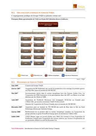 II.2.

ORGANISATION JURIDIQUE DU GROUPE TAQA

L’organigramme juridique du Groupe TAQA se présente comme suit :
Principales filiales opérationnelles de TAQA au 30 juin 2013 (détention directe et indirecte)
Abu Dhabi National Energy Company
PJSC (TAQA)

Filiales nationales (Émirats Arabes Unis)
54%

54%
ECPC

54%

54%

54%

TAPCO

54%

RPC

54%
APC

38%

ESWPC
48%

SSFC

85%

100%

TAQA Bratani
Limited

TAQA
International B.V.

100%
TAQA Energy
B.V.

100%

100%

90%
TSFC

Takoradi
International Comp.

ST-CMS Electric
Company Pvt. Ltd.

Électricité et eau

TAQA North Ltd.

TAQA Atrush B.V.

100%

Pétrole et gaz

TAQA GEN XLP

100%

54%
FAPCO

100%
TAQA New
World Inc
100%

GTTPC

SCIPCO

Filiales internationales

Solutions énergétiques

JLEC S.A.
100%
JLEC 5&6 S.A.
84%
Himachal Sorang
Power Limited

Operation & Maintenance

Source : TAQA

II.3.

HISTORIQUE DU GROUPE TAQA

Juin 2005

Création du Groupe TAQA

Janvier 2007

Acquisition de BP Nederland, une société de production et de stockage de produits gaziers
aux Pays-Bas, pour un montant de 694 MUSD.

Mai 2007

Investissements opérés dans le secteur énergétique hors des Emirats Arabes Unis, via
l’acquisition de CMS Generation et de participations dans des IPP’s au Maroc et en Inde
détenues par des filiales d’ABB.

Août 2007

Acquisition de Northrock Resources Ltd (compagnie Oil & Gas au Canada) pour
2 Mrds USD, qui est alors renommée TAQA North Limited.
Annonce de l’acquisition de Pioneer Canada, pour un montant de 540 MUSD.

Décembre 2007

Acquisition pour un montant de 550 MUSD des actifs de Brae dans la Mer du Nord
britannique détenus par Talisman Energy.

Janvier 2008

Renforcement de sa position dans le secteur énergétique canadien via l’acquisition du
groupe pétrolier et gazier PrimeWest Energy (pour un montant de 5 Mrds USD).

Juillet 2008

TAQA Bratani signe un accord d'achat avec Shell UK Limited et Esso Exploration &
Production Limited pour l’acquisition des actions relatives aux licences d’exploitation de
six gisements offshore au nord du Royaume-Uni.

Note d’information – Introduction en bourse de Jorf Lasfar Energy Company

157

 