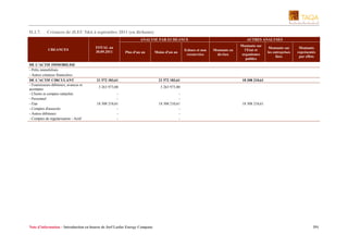 II.1.7.

Créances de JLEC 5&6 à septembre 2011 (en dirhams)
ANALYSE PAR ECHEANCE
CREANCES

DE L'ACTIF IMMOBILISE
- Prêts immobilisés
- Autres créances financières
DE L'ACTIF CIRCULANT
- Fournisseurs débiteurs, avances et
acomptes
- Clients et comptes rattachés
- Personnel
- Etat
- Comptes d'associés
- Autres débiteurs
- Comptes de régularisation - Actif

TOTAL au
30.09.2011

Plus d'un an

Moins d'un an

21 572 183,61

21 572 183,61

3 263 973,00

18 308 210,61
-

Montants en
devises

Montants sur
l'Etat et
organismes
publics

Montants sur
les entreprises
liées

Montants
représentés
par effets

3 263 973,00

18 308 210,61
-

Echues et non
recouvrées

AUTRES ANALYSES

Note d’information – Introduction en bourse de Jorf Lasfar Energy Company

18 308 210,61

18 308 210,61

391

 
