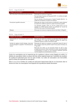 IX.5.3.

Type d’ordre IV

Catégorie du souscripteur

Documents à joindre

OPCVM actions ou diversifiés de droit marocain

Photocopie de la décision d’agrément.
Pour les Fonds Communs de Placement (FCP) : le certificat de dépôt
au greffe du tribunal ;
Pour les Sociétés d’Investissement à Capital Variable (SICAV) : le
modèle des inscriptions au registre de commerce

Investisseurs qualifiés marocains

Photocopie des statuts et toutes pièces et justificatifs à même d'attester
du respect des conditions requises au statut d’investisseur qualifié.
Les personnes morales visées au 2.(f) de l’article III.1.21 de la
circulaire du CDVM doivent fournir un justificatif de l’accord du
CDVM sur leur statut d’investisseur qualifié

Banques

IX.5.4.

Photocopie de la décision d’agrément délivrée par Bank Al-Maghrib

Type d’ordre V

Catégorie du souscripteur

Documents à joindre

Institutionnels de l’investissement agréés de droit
étranger

Photocopie du registre de commerce ou équivalent faisant foi dans le
pays d’origine et la copie de l’agrément attestant du respect des
conditions requises au statut d’investisseur agréé

Sociétés de capitaux de droit étranger, ayant pour
activité principale ou régulière l’investissement en
actions

Photocopie du registre de commerce ou équivalent faisant foi dans le
pays d’origine et pouvant justifier de plus d’une année d’existence au
1er juin 2013.
Photocopie des statuts ou tout document faisant foi dans le pays
d’origine prouvant que l’objet social prévoit comme activité principale
l’investissement en actions ou tout document justificatif prouvant
l’activité régulière en investissement en actions.

Toutes les souscriptions qui ne respectent pas les conditions ci-dessus seront frappées de nullité. Le
bulletin de souscription inséré en annexe doit être utilisé impérativement par l’ensemble des membres
du syndicat de placement pour tous les types d’ordre. Les ordres de souscription sont irrévocables
après la clôture de la période de souscription.
Dans le cas où les membres du syndicat de placement disposeraient déjà de ces documents dans le
dossier du client, les souscripteurs sont dispensés de la production desdits documents.

Note d’information – Introduction en bourse de Jorf Lasfar Energy Company

76

 
