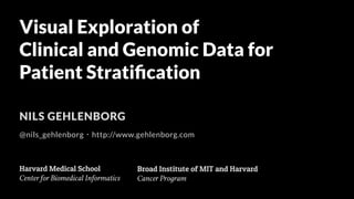 Visual Exploration of 
Clinical and Genomic Data for 
Patient Stratification 
NILS GEHLENBORG 
! 
@nils_gehlenborg・http://www.gehlenborg.com 
Broad Institute of MIT and Harvard 
Cancer Program 
Harvard Medical School 
Center for Biomedical Informatics 
 