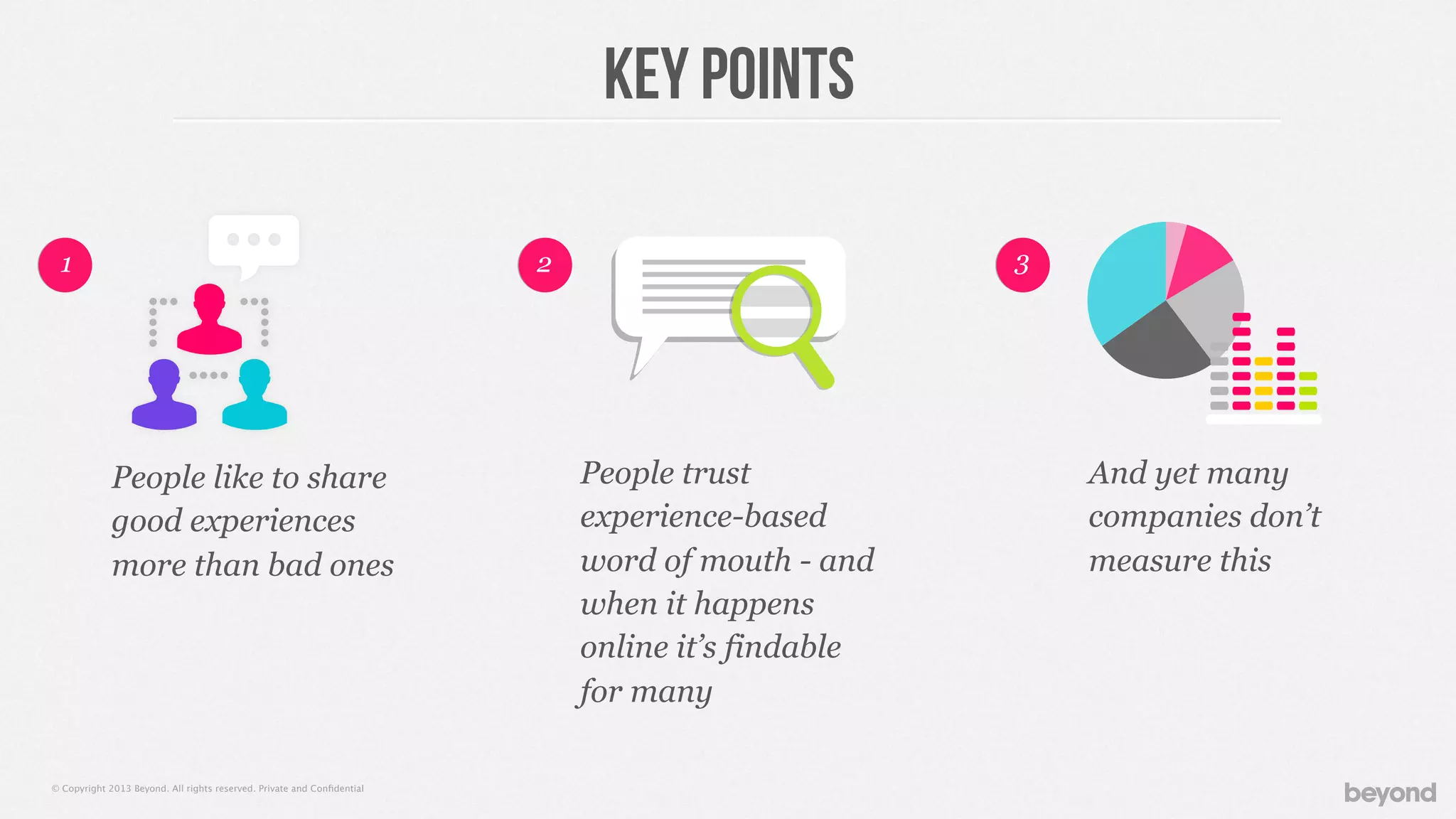 © Copyright 2013 Beyond. All rights reserved. Private and Conﬁdential
Key points
People like to share
good experiences
more than bad ones
2 31
People trust
experience-based
word of mouth - and
when it happens
online it’s findable
for many
And yet many
companies don’t
measure this
 