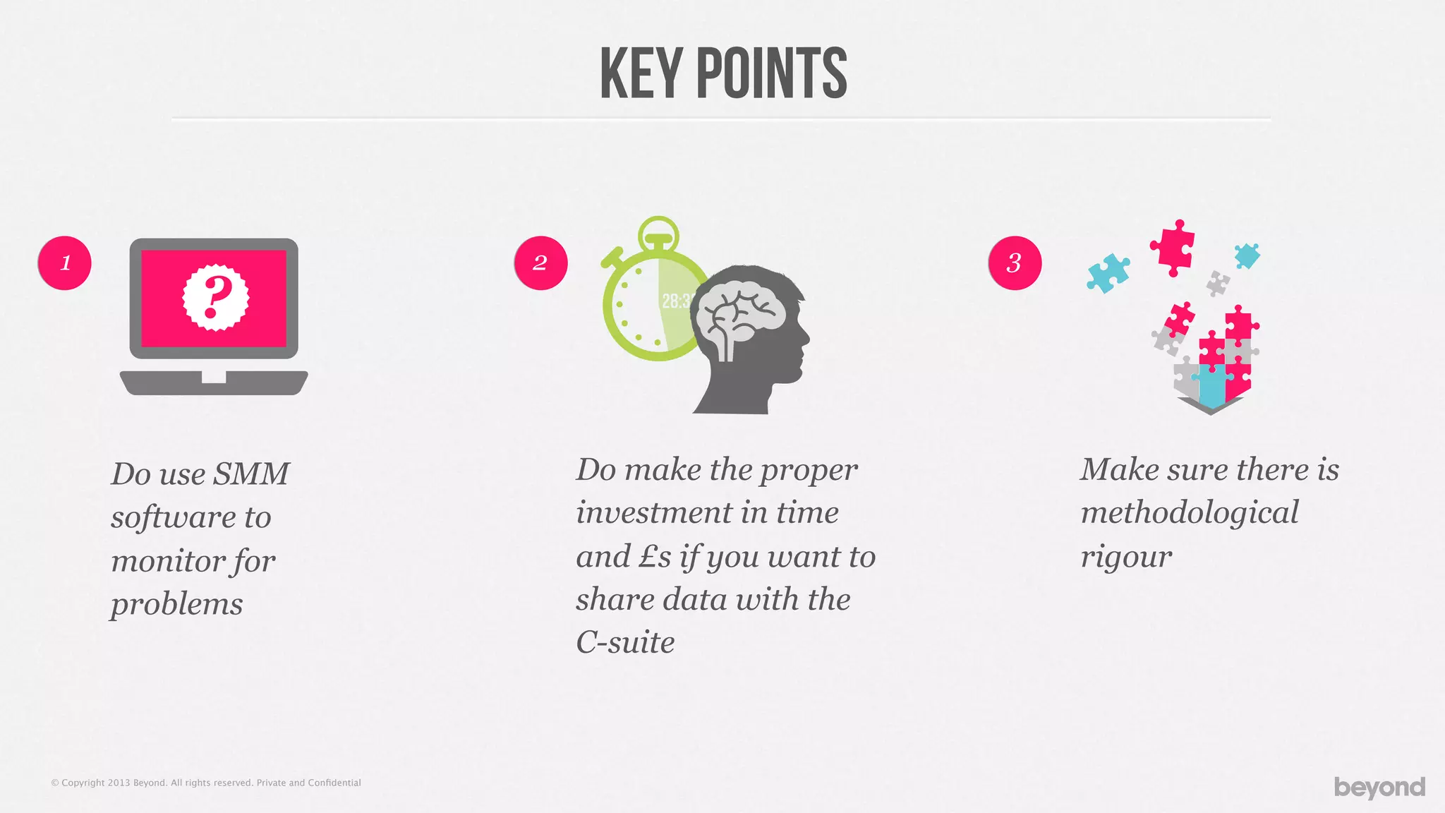 © Copyright 2013 Beyond. All rights reserved. Private and Conﬁdential
Key points
Do use SMM
software to
monitor for
problems
2 31
Do make the proper
investment in time
and £s if you want to
share data with the
C-suite
Make sure there is
methodological
rigour
? 28:32
 