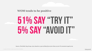© Copyright 2013 Beyond. All rights reserved. Private and Conﬁdential
51% say “try it”
5% Say “avoid it”
Source: The Keller Fay Group, 2013, based on 1 year of data from more than 31,000 US consumers aged 13-69
WOM tends to be positive
 