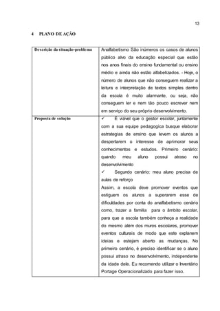 13
4 PLANO DE AÇÃO
Descrição da situação-problema Analfabetismo São inúmeros os casos de alunos
público alvo da educação especial que estão
nos anos finais do ensino fundamental ou ensino
médio e ainda não estão alfabetizados. - Hoje, o
número de alunos que não conseguem realizar a
leitura e interpretação de textos simples dentro
da escola é muito alarmante, ou seja, não
conseguem ler e nem tão pouco escrever nem
em serviço do seu próprio desenvolvimento.
Proposta de solução  É viável que o gestor escolar, juntamente
com a sua equipe pedagogica busque elaborar
estrategias de ensino que levem os alunos a
despertarem o interesse de aprimorar seus
conhecimentos e estudos. Primeiro cenário:
quando meu aluno possui atraso no
desenvolvimento
 Segundo cenário: meu aluno precisa de
aulas de reforço
Assim, a escola deve promover eventos que
estiguem os alunos a superarem esse de
dificuldades por conta do analfabetismo cenário
como, trazer a familia para o âmbito escolar,
para que a escola também conheça a realidade
do mesmo além dos muros escolares, promover
eventos culturais de modo que este explanem
ideias e estejam aberto as mudanças, No
primeiro cenário, é preciso identificar se o aluno
possui atraso no desenvolvimento, independente
da idade dele. Eu recomendo utilizar o Inventário
Portage Operacionalizado para fazer isso.
 