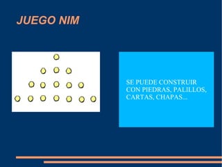 JUEGO NIM
SE PUEDE CONSTRUIR
CON PIEDRAS, PALILLOS,
CARTAS, CHAPAS...