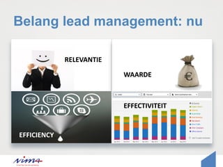 Belang lead management: nu
RELEVANTIE
WAARDE
EFFICIENCY
EFFECTIVITEIT
 