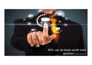 PROCESKLOOF
Demand
Generatiie
Proces-
kloof
Sales Proces Omzet
Lead Scoring
&
Nurturing
Ø  90 % of marketing content wordt niet gebruikt
Ø  75 % van de leads worden niet opgevolgd
Customer
service
90% van de leads wordt nooit
gesloten (Sirius decisions)
 