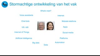 Stormachtige ontwikkeling van het vak
Internet
Mobiele telefonie
Apps
Automation
Social media
Data
Big data
Artificial intelligence
Internet of Things
Platforms
VR / AR
Voice assistants
Chat bots
What’s next?
 