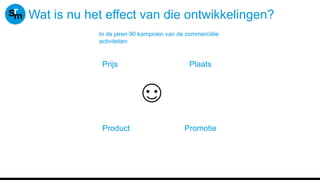 Wat is nu het effect van die ontwikkelingen?
In de jaren 90 kampioen van de commerciële
activiteiten
Prijs Plaats
Promotie
Product
 