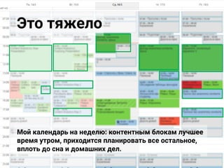 Это тяжело
Мой календарь на неделю: контентным блокам лучшее
время утром, приходится планировать все остальное,
вплоть до сна и домашних дел.
 