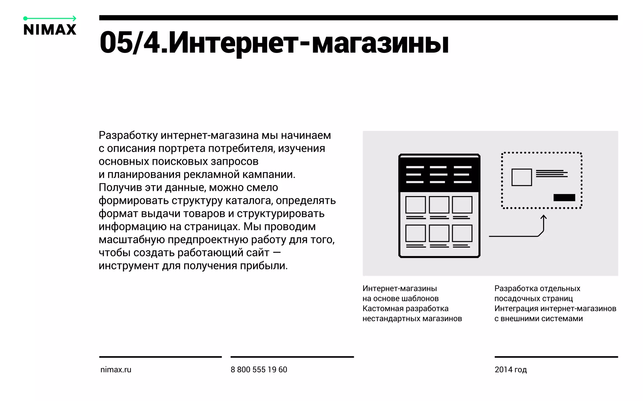 05/4.Интернет-магазины
Разработку интернет-магазина мы начинаем
с описания портрета потребителя, изучения
основных поисковых запросов
и планирования рекламной кампании.
Получив эти данные, можно смело
формировать структуру каталога, определять
формат выдачи товаров и структурировать
информацию на страницах. Мы проводим
масштабную предпроектную работу для того,
чтобы создать работающий сайт —
инструмент для получения прибыли.
Интернет-магазины
на основе шаблонов
Кастомная разработка
нестандартных магазинов
Разработка отдельных
посадочных страниц
Интеграция интернет-магазинов
с внешними системами
nimax.ru 8 800 555 19 60 2014 год
 