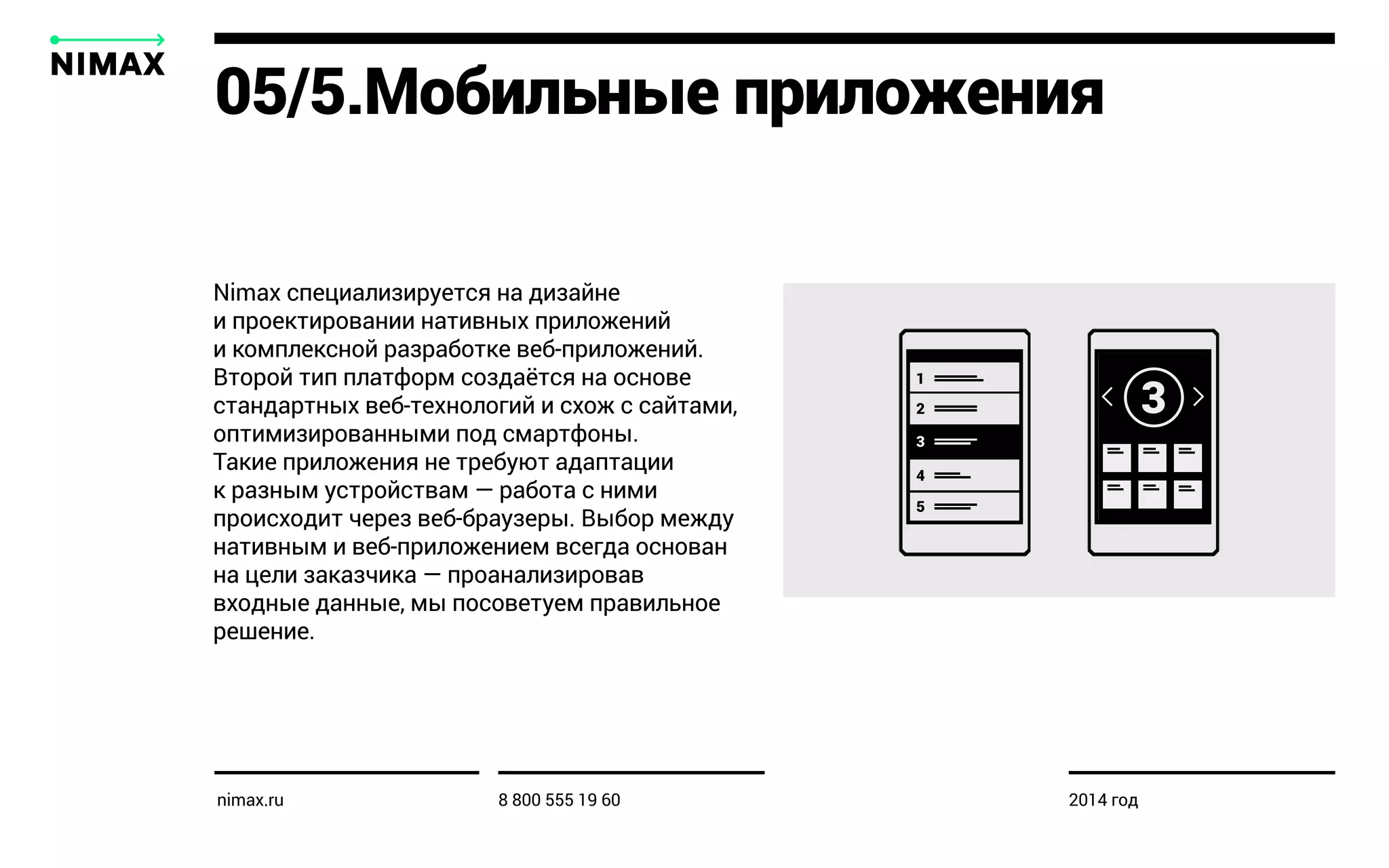 05/5.Мобильные приложения
Nimax специализируется на дизайне
и проектировании нативных приложений
и комплексной разработке веб-приложений.
Второй тип платформ создаётся на основе
стандартных веб-технологий и схож с сайтами,
оптимизированными под смартфоны.
Такие приложения не требуют адаптации
к разным устройствам — работа с ними
происходит через веб-браузеры. Выбор между
нативным и веб-приложением всегда основан
на цели заказчика — проанализировав
входные данные, мы посоветуем правильное
решение.
nimax.ru 8 800 555 19 60 2014 год
 