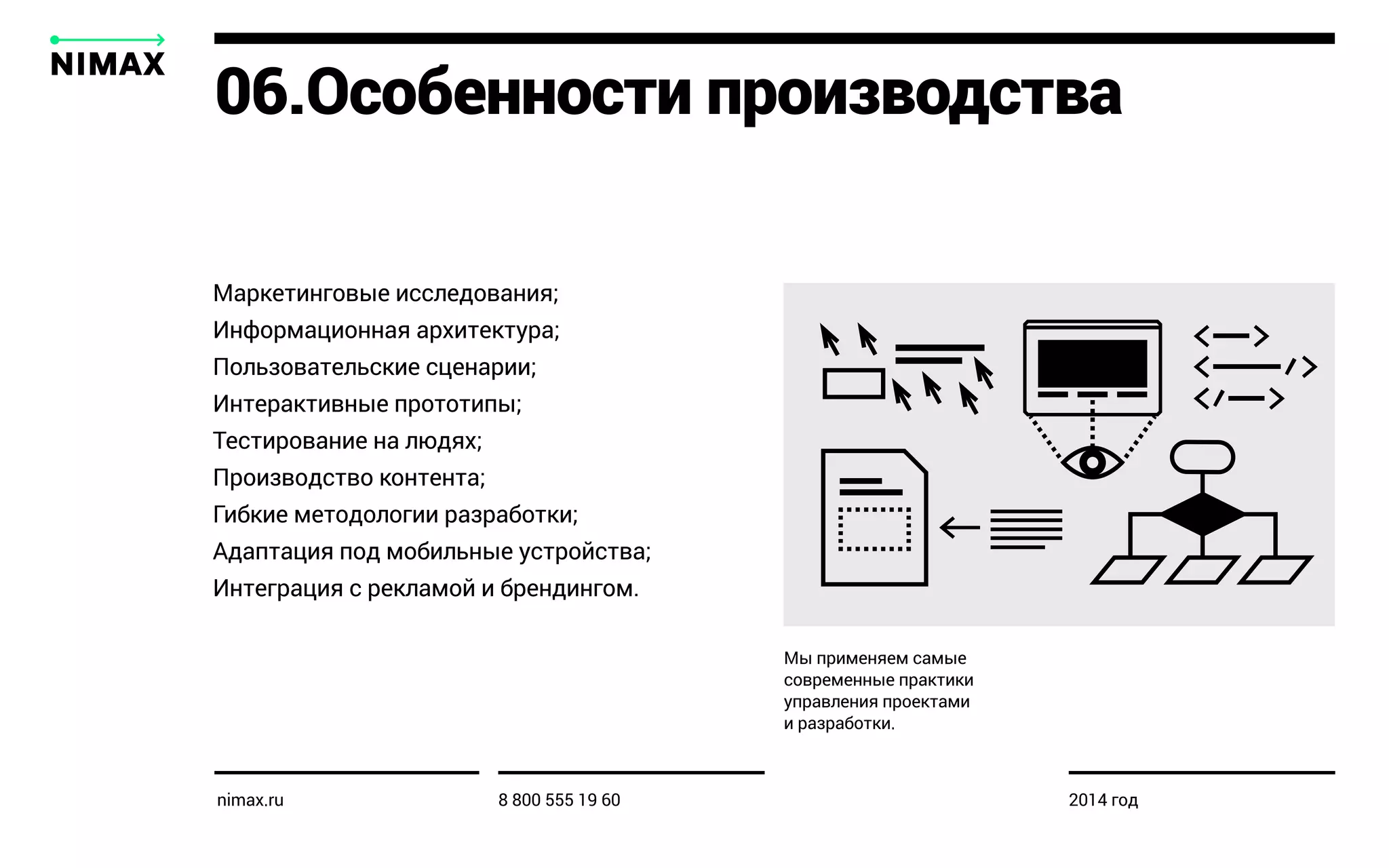 06.Особенности производства
Маркетинговые исследования;
Информационная архитектура;
Пользовательские сценарии;
Интерактивные прототипы;
Тестирование на людях;
Производство контента;
Гибкие методологии разработки;
Адаптация под мобильные устройства;
Интеграция с рекламой и брендингом.
Мы применяем самые
современные практики
управления проектами
и разработки.
nimax.ru 8 800 555 19 60 2014 год
 