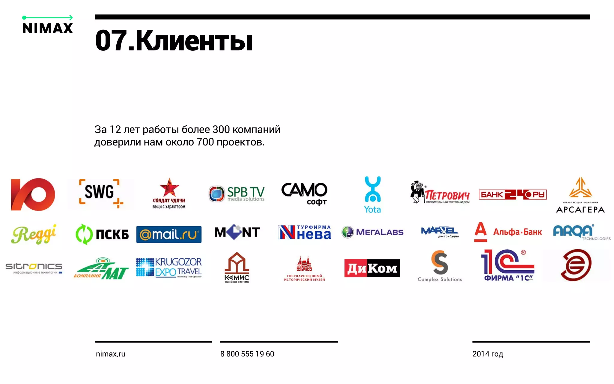 За 12 лет работы более 300 компаний
доверили нам около 700 проектов.
07.Клиенты
nimax.ru 8 800 555 19 60 2014 год
 