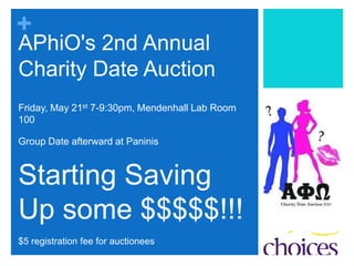 APhiO's 2nd Annual Charity Date AuctionFriday, May 21st 7-9:30pm, Mendenhall Lab Room 100Group Date afterward at PaninisStarting Saving Up some $$$$$!!!$5 registration fee for auctionees