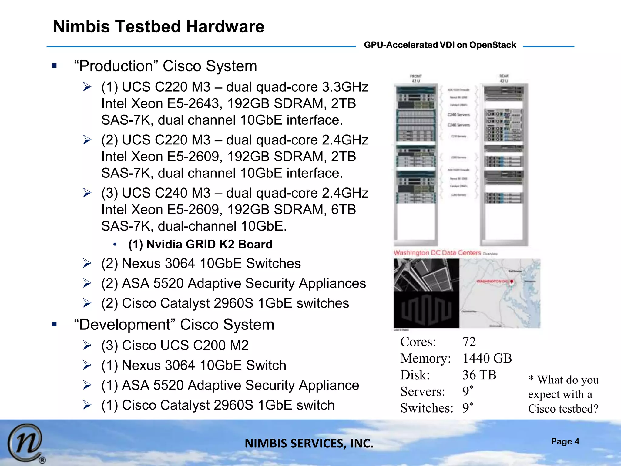 Page 4
GPU-Accelerated VDI on OpenStack
NIMBIS SERVICES, INC.
Nimbis Testbed Hardware
 “Production” Cisco System
 (1) UCS C220 M3 – dual quad-core 3.3GHz
Intel Xeon E5-2643, 192GB SDRAM, 2TB
SAS-7K, dual channel 10GbE interface.
 (2) UCS C220 M3 – dual quad-core 2.4GHz
Intel Xeon E5-2609, 192GB SDRAM, 2TB
SAS-7K, dual channel 10GbE interface.
 (3) UCS C240 M3 – dual quad-core 2.4GHz
Intel Xeon E5-2609, 192GB SDRAM, 6TB
SAS-7K, dual-channel 10GbE.
• (1) Nvidia GRID K2 Board
 (2) Nexus 3064 10GbE Switches
 (2) ASA 5520 Adaptive Security Appliances
 (2) Cisco Catalyst 2960S 1GbE switches
 “Development” Cisco System
 (3) Cisco UCS C200 M2
 (1) Nexus 3064 10GbE Switch
 (1) ASA 5520 Adaptive Security Appliance
 (1) Cisco Catalyst 2960S 1GbE switch
Cores: 72
Memory: 1440 GB
Disk: 36 TB
Servers: 9*
Switches: 9*
* What do you
expect with a
Cisco testbed?
 