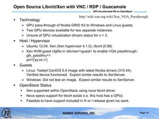 Page 10
GPU-Accelerated VDI on OpenStack
NIMBIS SERVICES, INC.
Open Source Libvirt/Xen with VNC / RDP / Guacamole
 Techno...