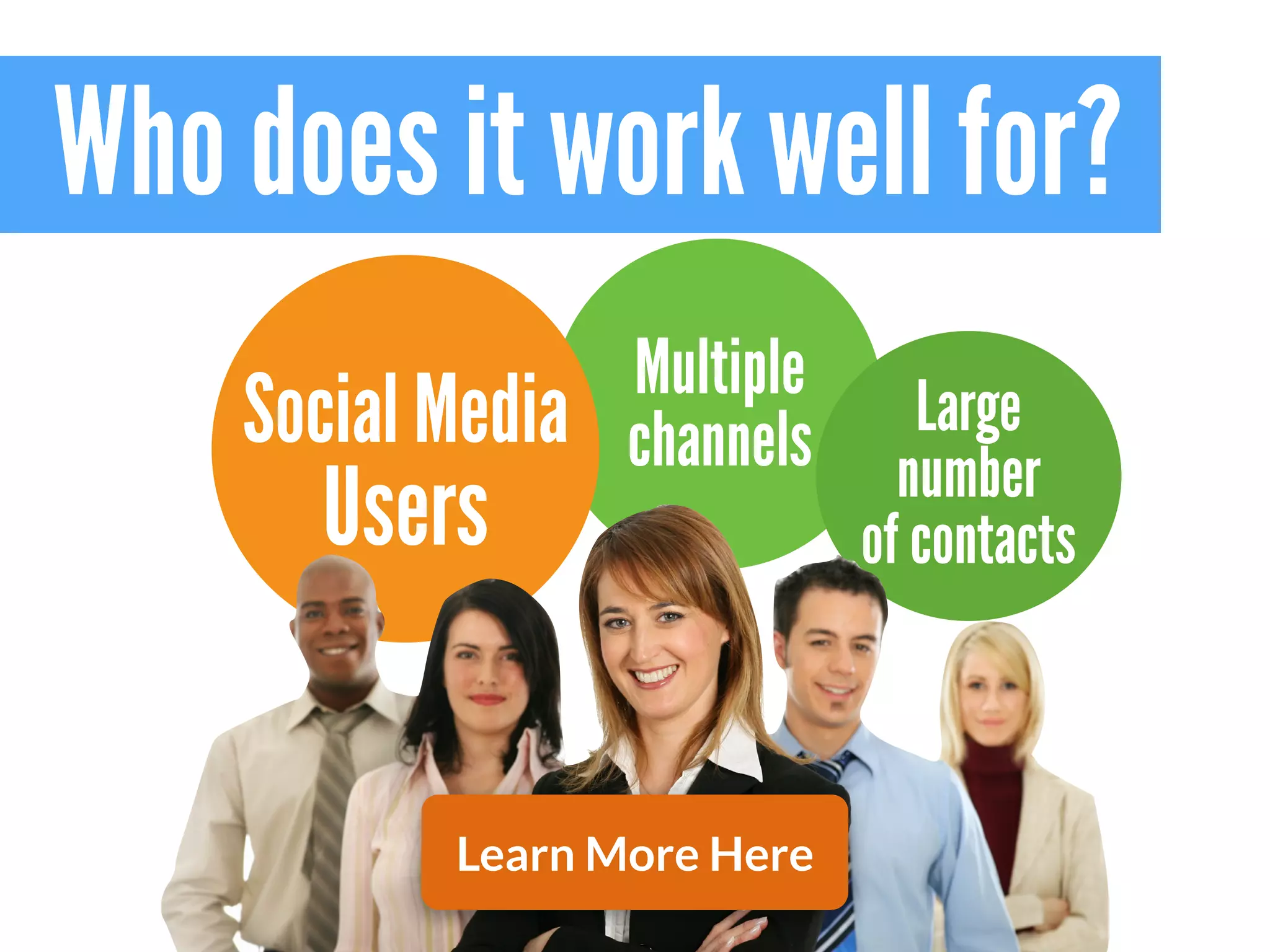 Who does it work well for?
Multiple
channelsSocial Media
Users
Large
number
of contacts
Learn More Here
 