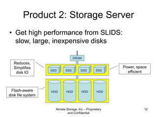 Product 2: Storage Server
• Get high performance from SLIDS:
slow, large, inexpensive disks
DRAM

Reduces,
Simplifies
disk...