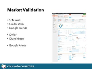 COcreate COLLECTIVE
? SEM rush
? Similar Web
? Google Trends
? Owler
? Crunchbase
? Google Alerts
Market Validation
 