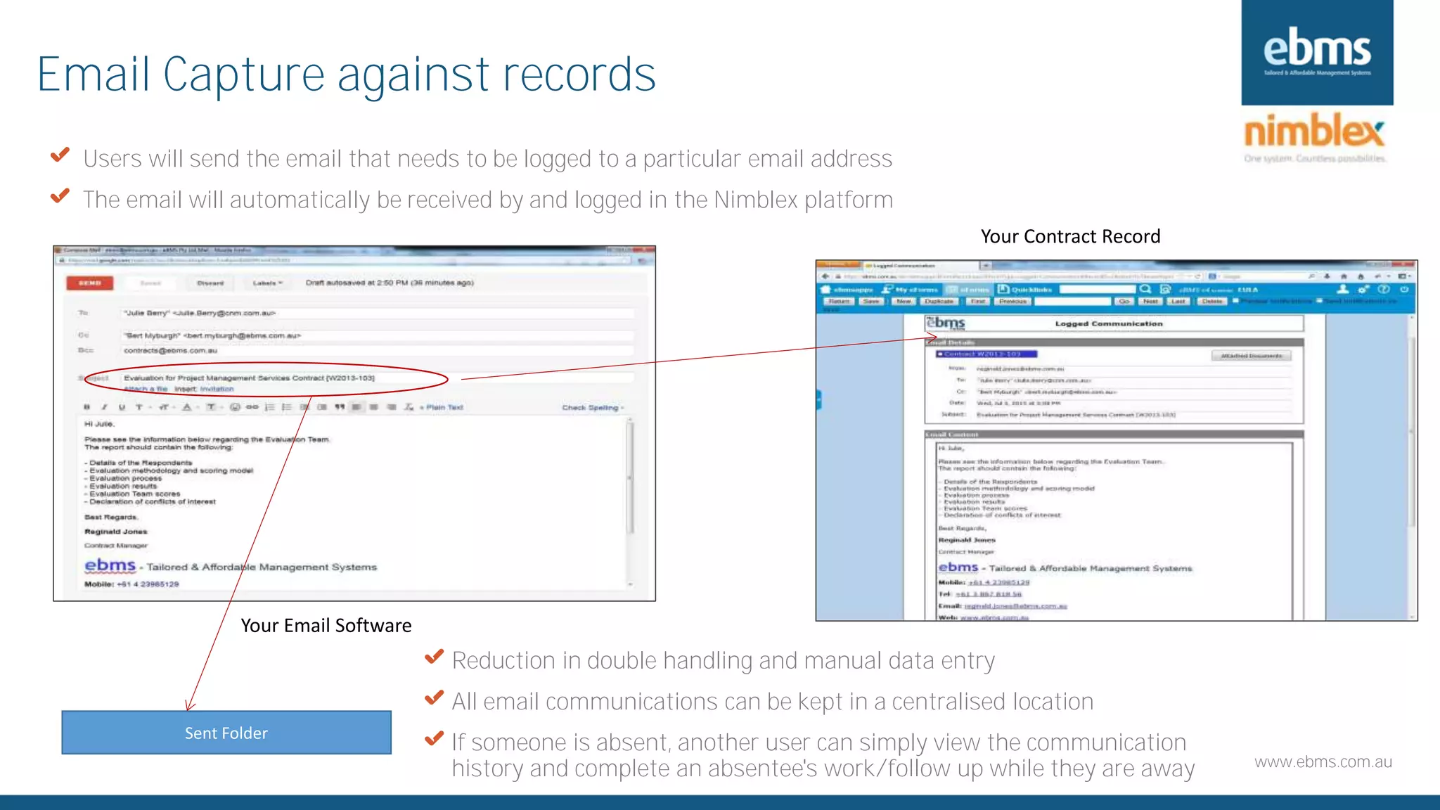 www.ebms.com.au
Email Capture against records
Your Email Software
Your Contract Record
Sent Folder
X Users will send the email that needs to be logged to a particular email address
X The email will automatically be received by and logged in the Nimblex platform
X Reduction in double handling and manual data entry
X All email communications can be kept in a centralised location
X If someone is absent, another user can simply view the communication
history and complete an absentee's work/follow up while they are away
 