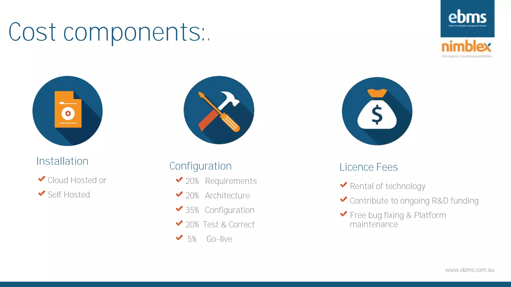 www.ebms.com.au
Cost components:.
X Cloud Hosted or
X Self Hosted
Installation Configuration
X Rental of technology
X Contribute to ongoing R&D funding
X Free bug fixing & Platform
maintenance
Licence Fees
X 20% Requirements
X 20% Architecture
X 35% Configuration
X 20% Test & Correct
X 5% Go-live
 