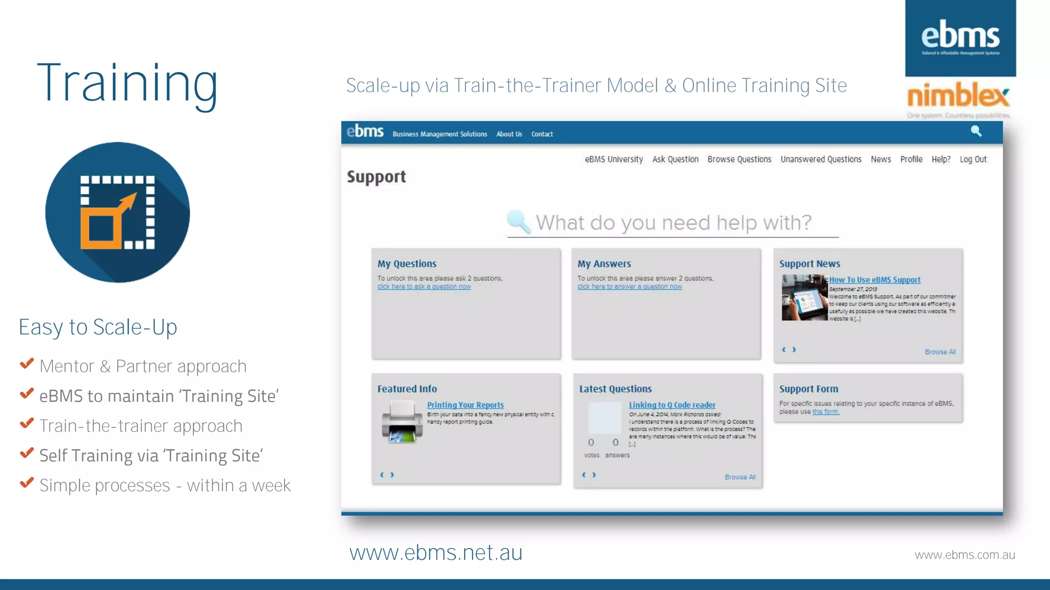 www.ebms.com.au
Training
X Mentor & Partner approach
X
X Train-the-trainer approach
X
X Simple processes - within a week
Easy to Scale-Up
www.ebms.net.au
Scale-up via Train-the-Trainer Model & Online Training Site
 