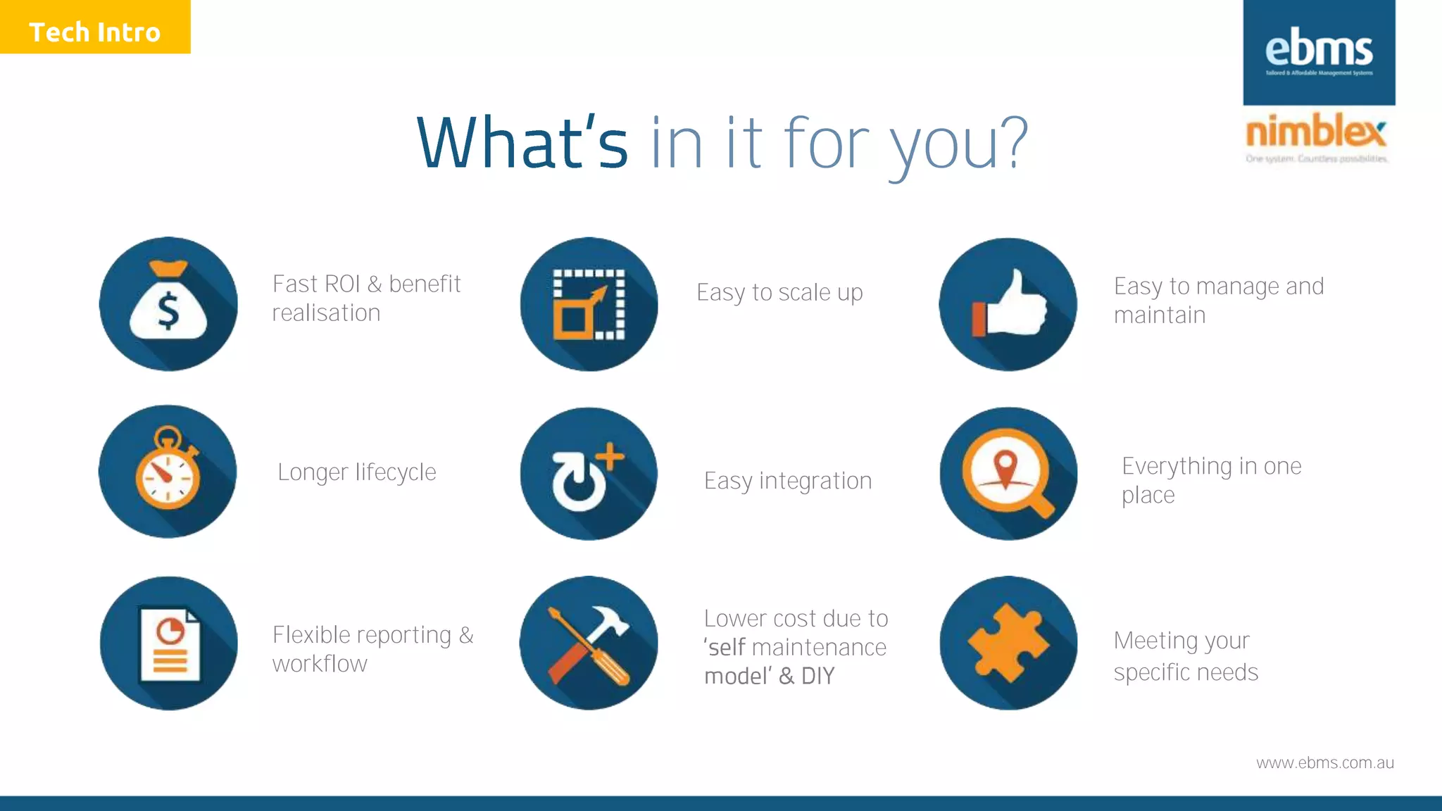 www.ebms.com.au
in it for you?
Fast ROI & benefit
realisation
Longer lifecycle
Flexible reporting &
workflow
Easy to scale up
Easy integration
Lower cost due to
maintenance
Easy to manage and
maintain
Everything in one
place
Meeting your
specific needs
Tech Intro
 