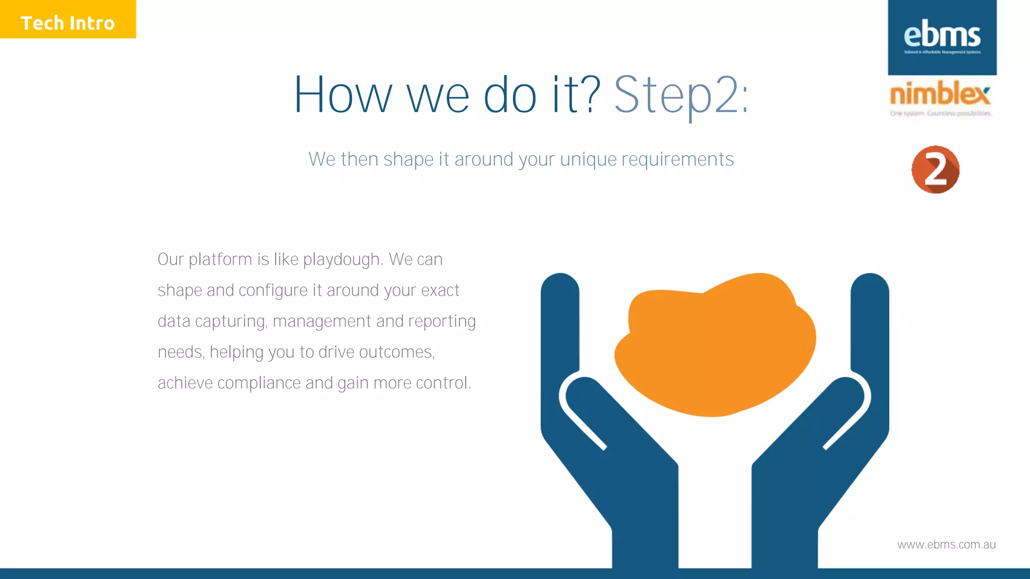www.ebms.com.au
How we do it? Step2:
We then shape it around your unique requirements
Our platform is like playdough. We can
shape and configure it around your exact
data capturing, management and reporting
needs, helping you to drive outcomes,
achieve compliance and gain more control.
Tech Intro
 