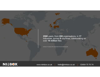 2500 users, from 200 organisations, in 17
industries, across 8 countries, collaborating on
over 18 million files
Correct on 15 January 2019, and includes Full and Guest accounts.
 