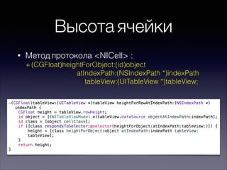 Высота ячейки
• Метод протокола <NICell> :  
+ (CGFloat)heightForObject:(id)object  
atIndexPath:(NSIndexPath *)indexPath 
tableView:(UITableView *)tableView;
 