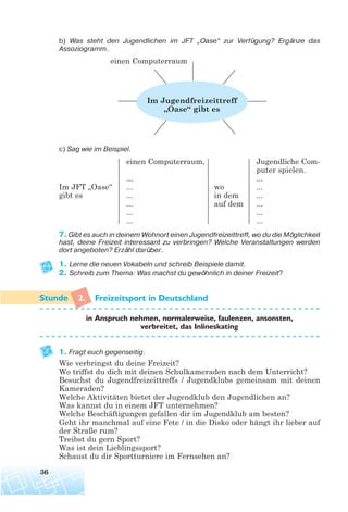 b) Was steht den Jugendlichen im JFT „Oase“ zur Verfügung? Ergänze das
Assoziogramm.
c) Sag wie im Beispiel.
einen Computerraum, Jugendliche Com-
puter spielen.
... ...
Im JFT „Oase“ ... wo ...
gibt es ... in dem ...
... auf dem ...
... ...
... ...
7. Gibt es auch in deinem Wohnort einen Jugendfreizeittreff, wo du die Möglichkeit
hast, deine Freizeit interessant zu verbringen? Welche Veranstaltungen werden
dort angeboten? Erzähl darüber.
1. Lerne die neuen Vokabeln und schreib Beispiele damit.
2. Schreib zum Thema: Was machst du gewöhnlich in deiner Freizeit?
2. Freizeitsport in Deutschland
in Anspruch nehmen, normalerweise, faulenzen, ansonsten,
verbreitet, das Inlineskating
1. Fragt euch gegenseitig.
Wie verbringst du deine Freizeit?
Wo triffst du dich mit deinen Schulkameraden nach dem Unterricht?
Besuchst du Jugendfreizeittreffs / Jugendklubs gemeinsam mit deinen
Kameraden?
Welche Aktivitäten bietet der Jugendklub den Jugendlichen an?
Was kannst du in einem JFT unternehmen?
Welche Beschäftigungen gefallen dir im Jugendklub am besten?
Geht ihr manchmal auf eine Fete / in die Disko oder hängt ihr lieber auf
der Straße rum?
Treibst du gern Sport?
Was ist dein Lieblingssport?
Schaust du dir Sportturniere im Fernsehen an?
36
einen Computerraum
Im Jugendfreizeittreff
„Oase“ gibt es
 