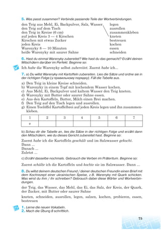 5. Was passt zusammen? Verbinde passende Teile der Wortverbindungen.
den Teig aus Mehl, Ei, Backpulver, Salz, Wasser legen
den Teig auf dem Tisch ausrollen
den Teig in Kreise (6 cm) zusammenkleben
auf jeden Kreis 3 — 4 Kirschen kneten
Kirschen mit etwas Zucker bestreuen
jeden Kreis kochen
Warenyky 8 — 10 Minuten essen
heiße Warenyky mit saurer Sahne schneiden
6. Hast du einmal Warenyky zubereitet? Wie hast du das gemacht? Erzähl deinen
Mitschülern darüber im Perfekt. Beginne so:
Ich habe die Warenyky selbst zubereitet. Zuerst habe ich...
7. a) Du willst Warenyky mit Kartoffeln zubereiten. Lies die Sätze und ordne sie in
der richtigen Folge (у правильному порядку). Füll die Tabelle aus.
a) Den Teig in kleine Kreise schneiden.
b) Warenyky in einem Topf mit kochendem Wasser kochen.
c) Aus Mehl, Ei, Backpulver und kaltem Wasser den Teig kneten.
d) Warenyky mit Butter oder saurer Sahne essen.
e) Aus den Kartoffeln, Butter, Milch einen Brei machen.
f) Den Teig auf den Tisch legen und ausrollen.
g) Einen Teelöffel Kartoffelbrei auf jeden Kreis legen und ihn zusammen-
kleben.
b) Schau dir die Tabelle an, lies die Sätze in der richtigen Folge und erzähl dann
den Mitschülern, wie du dieses Gericht zubereitet hast. Beginne so:
Zuerst habe ich die Kartoffeln geschält und im Salzwasser gekocht.
Dann ...
Danach ...
Zuletzt ...
c) Erzähl dasselbe nochmals. Gebrauch die Verben im Präteritum. Beginne so:
Zuerst schälte ich die Kartoffeln und kochte sie im Salzwasser. Dann ...
8. Du willst deinem deutschen Freund / deiner deutschen Freundin einen Brief mit
dem Kochrezept einer ukrainischen Speise, z.B. Warenyky mit Quark schicken.
Was wirst du ihm / ihr schreiben? Gebrauch dabei diese Wörter und Wortverbin
dungen.
der Teig, das Wasser, das Mehl, das Ei, das Salz, der Kreis, der Quark,
der Zucker, mit Butter oder saurer Sahne
kneten, schneiden, ausrollen, legen, salzen, kochen, probieren, essen,
bestreuen
1. Lerne die neuen Vokabeln.
2. Mach die Übung 8 schriftlich.
75
1 2 3 4 5 6 7
e
 