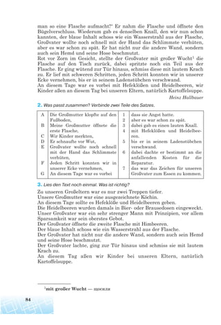 man so eine Flasche aufmacht!“ Er nahm die Flasche und öffnete den
Bügelverschluss. Wiederum gab es denselben Knall, den wir nun schon
kannten, der blaue Inhalt schoss wie ein Wasserstrahl aus der Flasche,
Großvater wollte noch schnell mit der Hand das Schlimmste verhüten,
aber es war schon zu spät. Er hat nicht nur die andere Wand, sondern
auch sein Hemd und seine Hose beschmutzt.
Rot vor Zorn im Gesicht, stellte der Großvater mit großer Wucht1 die
Flasche auf den Tisch zurück, dabei spritzte noch ein Teil aus der
Flasche. Er ging wütend zur Tür hinaus, schmiss diese mit lautem Krach
zu. Er lief mit schweren Schritten, jeden Schritt konnten wir in unserer
Ecke vernehmen, bis er in seinem Ladenstübchen verschwand.
An diesem Tage war es vorbei mit Hefeklößen und Heidelbeeren, wir
Kinder aßen an diesem Tag bei unseren Eltern, natürlich Kartoffelsuppe.
Heinz Hallbauer
2. Was passt zusammen? Verbinde zwei Teile des Satzes.
3. Lies den Text noch einmal. Was ist richtig?
Zu unseren Großeltern war es nur zwei Treppen tiefer.
Unsere Großmutter war eine ausgezeichnete Köchin.
An diesem Tage sollte es Hefeklöße und Heidelbeeren geben.
Die Heidelbeeren wurden damals in Bier- oder Brausedosen eingeweckt.
Unser Großvater war ein sehr strenger Mann mit Prinzipien, vor allem
Sparsamkeit war sein oberstes Gebot.
Der Großvater öffnete die zweite Flasche mit Himbeeren.
Der blaue Inhalt schoss wie ein Wasserstrahl aus der Flasche.
Der Großvater hat nicht nur die andere Wand, sondern auch sein Hemd
und seine Hose beschmutzt.
Der Großvater lachte, ging zur Tür hinaus und schmiss sie mit lautem
Krach zu.
An diesem Tag aßen wir Kinder bei unseren Eltern, natürlich
Kartoffelsuppe.
84
A
B
C
D
E
F
G
Die Großmutter klopfte auf den
Fußboden,
Meine Großmutter öffnete die
erste Flasche,
Wir Kinder merkten,
Er schnaufte vor Wut,
Großvater wollte noch schnell
mit der Hand das Schlimmste
verhüten,
Jeden Schritt konnten wir in
unserer Ecke vernehmen,
An diesem Tage war es vorbei
1
2
3
4
5
6
7
dass sie Angst hatte.
aber es war schon zu spät.
dabei gab es einen lauten Knall.
mit Hefeklößen und Heidelbee-
ren.
bis er in seinem Ladenstübchen
verschwand.
dabei dachte er bestimmt an die
anfallenden Kosten für die
Reparatur.
das war das Zeichen für unseren
Großvater zum Essen zu kommen.
1mit großer Wucht — щосили
 