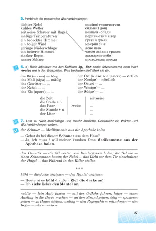 5. Verbinde die passenden Wortverbindungen.
dichter Nebel
kühles Wetter
zeitweise Schauer mit Hagel
mäßige Temperaturen
ein bedeckter Himmel
ein böiger Wind
geringe Niederschläge
ein heiterer Himmel
starker Regen
nasser Schnee
6. a) Bilde Adjektive mit den Suffixen ig, lich sowie Adverbien mit dem Wort
weise wie in den Beispielen. Was bedeuten sie? Merk sie dir.
die Bö (шквал) — böig
das Maß (міра) — mäßig
das Gewitter — ...
der Nebel — ...
das Eis (крига) — ...
die Zeit zeitweise
die Stelle + n ...
das Paar -weise ...
die Stunde + n ...
der Liter ...
7. Lest zu zweit Minidialoge und macht ähnliche. Gebraucht die Wörter und
Wortverbindungen unten.
der Schauer — Medikamente aus der Apotheke holen
— Gehst du bei diesem Schauer aus dem Haus?
— Ja, ich muss / will meiner kranken Oma Medikamente aus der
Apotheke holen.
___________________________________________________________________
das Gewitter — die Schwester vom Kindergarten holen; der Schnee —
einen Schneemann bauen; der Nebel — das Licht vor dem Tor einschalten;
der Hagel — das Fahrrad in den Keller stellen
* * *
kühl — die Jacke anziehen — den Mantel anziehen
— Heute ist es kühl draußen. Zieh die Jacke an!
— Ich ziehe lieber den Mantel an.
___________________________________________________________________
neblig — kein Auto fahren — mit der U-Bahn fahren; heiter — einen
Ausflug in die Berge machen — an den Strand gehen; böig — spazieren
gehen — zu Hause bleiben; wolkig — den Regenschirm mitnehmen — den
Regenmantel anziehen
87
помірні температури
сильний дощ
незначні опади
поривчастий вітер
густий туман
мокрий сніг
ясне небо
часом зливи з градом
захмарене небо
прохолодна погодa
der Ort (місце, місцевість) — örtlich
der Norden — nördlich
der Osten — ...
der Westen — ...
der Süden — ...
 