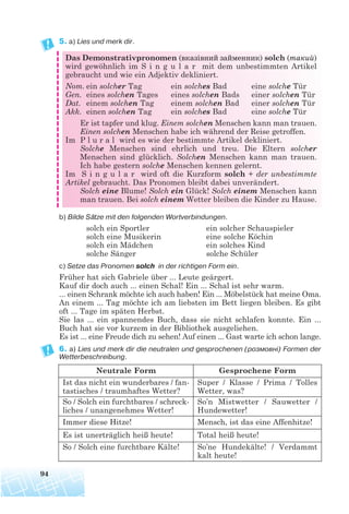 5. a) Lies und merk dir.
Das Demonstrativpronomen (вказівний займенник) solch (такий)
wird gewöhnlich im S i n g u l a r mit dem unbestimmten Artikel
gebraucht und wie ein Adjektiv dekliniert.
Nom. ein solcher Tag ein solches Bad eine solche Tür
Gen. eines solchen Tages eines solchen Bads einer solchen Tür
Dat. einem solchen Tag einem solchen Bad einer solchen Tür
Akk. einen solchen Tag ein solches Bad eine solche Tür
Er ist tapfer und klug. Einem solchen Menschen kann man trauen.
Einen solchen Menschen habe ich während der Reise getroffen.
Im P l u r a l wird es wie der bestimmte Artikel dekliniert.
Solche Menschen sind ehrlich und treu. Die Eltern solcher
Menschen sind glücklich. Solchen Menschen kann man trauen.
Ich habe gestern solche Menschen kennen gelernt.
Im S i n g u l a r wird oft die Kurzform solch + der unbestimmte
Artikel gebraucht. Das Pronomen bleibt dabei unverändert.
Solch eine Blume! Solch ein Glück! Solch einem Menschen kann
man trauen. Bei solch einem Wetter bleiben die Kinder zu Hause.
b) Bilde Sätze mit den folgenden Wortverbindungen.
solch ein Sportler ein solcher Schauspieler
solch eine Musikerin eine solche Köchin
solch ein Mädchen ein solches Kind
solche Sänger solche Schüler
c) Setze das Pronomen solch in der richtigen Form ein.
Früher hat sich Gabriele über ... Leute geärgert.
Kauf dir doch auch ... einen Schal! Ein ... Schal ist sehr warm.
... einen Schrank möchte ich auch haben! Ein ... Möbelstück hat meine Oma.
An einem ... Tag möchte ich am liebsten im Bett liegen bleiben. Es gibt
oft ... Tage im späten Herbst.
Sie las ... ein spannendes Buch, dass sie nicht schlafen konnte. Ein ...
Buch hat sie vor kurzem in der Bibliothek ausgeliehen.
Es ist ... eine Freude dich zu sehen! Auf einen ... Gast warte ich schon lange.
6. a) Lies und merk dir die neutralen und gesprochenen (розмовнi) Formen der
Wetterbeschreibung.
94
Neutrale Form Gesprochene Form
Ist das nicht ein wunderbares / fan-
tastisches / traumhaftes Wetter?
Super / Klasse / Prima / Tolles
Wetter, was?
So / Solch ein furchtbares / schreck-
liches / unangenehmes Wetter!
So’n Mistwetter / Sauwetter /
Hundewetter!
Immer diese Hitze! Mensch, ist das eine Affenhitze!
Es ist unerträglich heiß heute! Total heiß heute!
So / Solch eine furchtbare Kälte! So’ne Hundekälte! / Verdammt
kalt heute!
 