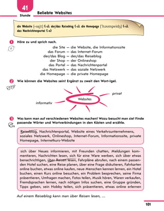Stunde
101
41
Beliebte Websites
die Website [‐sa)it] (-s), der/das Reiseblog (-s), die Homepage ['h1mpeid4] (-s),
das Nachrichtenportal (-e)
	 Höre zu und sprich nach.
	 die Site — die Website, die Informationssite
	 das Forum — das Internet-Forum
	 der/das Blog — der/das Reiseblog
	 der Shop — der Onlineshop
	 das Portal — das Nachrichtenportal
	 das Netzwerk — das soziale Netzwerk
	 die Homepage — die private Homepage
	 Wie können die Websites sein? Ergänzt zu zweit den Wort-Igel.
Websites
informativ
privat
	 Was kann man auf verschiedenen Websites machen? Wozu besucht man sie? Finde
passende Wörter und Wortverbindungen in den Kästen und erzähle.
Reiseblog, Nachrichtenportal, Website eines Verkehrsunternehmens,
soziales Netzwerk, Onlineshop, Internet-Forum, Informationssite, private
Homepage, Internetkurs-Website
sich über Neues informieren, mit Freunden chatten, Meldungen kom-
mentieren, Nachrichten lesen, sich für eine Ware werben, sich über etwas
benachrichtigen, über Reisen lesen, Fahrpläne abrufen, nach einem passen-
den Hotel suchen, eine Reise planen, über eine Frage diskutieren, Fahrkarten
online buchen, etwas online kaufen, neue Menschen kennen lernen, ein Hotel
buchen, einen Kurs online besuchen, ein Problem besprechen, seine Firma
präsentieren, Umfragen machen, Fotos teilen, Musik hören, Waren verkaufen,
Fremdsprachen lernen, nach nötigen Infos suchen, eine Gruppe gründen,
Tipps geben, sein Hobby teilen, sich präsentieren, etwas online erlernen
Auf einem Reiseblog kann man über Reisen lesen, …
 