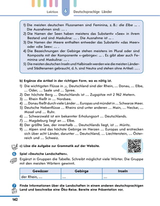 Lektion
142
Deutschsprachige Länder
6
1) 
Die meisten deutschen Flussnamen sind Feminina, z. B.: die Elbe ...  .
Die Ausnahmen sind: … .
2) 
Die Namen der Seen haben meistens das Substantiv «See» in ihrem
Bestand und sind Maskulina: … . Die Ausnahme ist ... .
3) 
Die Namen der Meere enthalten entweder das Substantiv «das Meer»
oder «die See»: … .
4) 
Die Bezeichnungen der Gebirge stehen meistens im Plural oder sind
Komposita mit der Komponente «-gebirge»: ... . Es gibt aber auch Fe-
minina und Maskulina: … .
5) 
DiemeistendeutschenInselnundHalbinselnwerdenwiediemeistenLänder-
und Städtenamen gebraucht, d. h. sind Neutra und stehen ohne Artikel: … .
	 b) Ergänze die Artikel in der richtigen Form, wo es nötig ist.
1)	
Die wichtigsten Flüsse in  —  Deutschland sind der Rhein, … Donau, … Elbe,
… Oder, … Saale und … Spree.
2)	 Der höchste Berg … Deutschlands ist … Zugspitze mit 2 962 Metern.
3)	 … Rhein fließt in … Nordsee.
4)	
… Donau fließt durch viele Länder … Europas und mündet in … Schwarze Meer.
5)	
Deutsche Nebenflüsse … Rheins sind unter anderen … Main, … Neckar, …
Mosel und … Ruhr.
6)	 … Schwarzwald ist ein bekannter Erholungsort … Deutschlands.
7)	 … Magdeburg liegt an … Elbe.
8)	 Der größte See, der innerhalb … Deutschlands liegt, ist … Müritz.
9)	
… Alpen sind das höchste Gebirge im Herzen … Europas und erstrecken
sich über acht Länder, darunter … Deutschland, … Liechtenstein, … Öster-
reich und … Schweiz.
	 c) Löse die Aufgabe zur Grammatik auf der Website.
	 Spiel «Deutsche Landschaften».
Ergänzt in Gruppen die Tabelle. Schreibt möglichst viele Wörter. Die Gruppe
mit den meisten Wörtern gewinnt.
Gewässer Gebirge Inseln
der Rhein, … … …
	 Finde Informationen über die Landschaften in einem anderen deutschsprachigen
Land und beschreibe eine Öko-Reise. Bereite eine Präsentation vor.
 