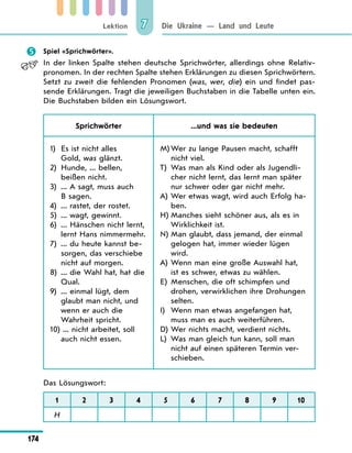 Lektion
174
Die Ukraine — Land und Leute
7
	 Spiel «Sprichwörter».
In der linken Spalte stehen deutsche Sprichwörter, allerdings ohne Relativ-
pronomen. In der rechten Spalte stehen Erklärungen zu diesen Sprichwörtern.
Setzt zu zweit die fehlenden Pronomen (was, wer, die) ein und findet pas-
sende Erklärungen. Tragt die jeweiligen Buchstaben in die Tabelle unten ein.
Die Buchstaben bilden ein Lösungswort.
Sprichwörter ...und was sie bedeuten
1)	 Es ist nicht alles
Gold, was glänzt.
2)	 Hunde, ... bellen,
beißen nicht.
3)	 ... A sagt, muss auch
B sagen.
4)	 ... rastet, der rostet.
5)	 ... wagt, gewinnt.
6)	 ... Hänschen nicht lernt,
lernt Hans nimmermehr.
7)	 ... du heute kannst be-
sorgen, das verschiebe
nicht auf morgen.
8)	 ... die Wahl hat, hat die
Qual.
9)	 ... einmal lügt, dem
glaubt man nicht, und
wenn er auch die
Wahrheit spricht.
10) ... nicht arbeitet, soll
auch nicht essen.
M)	Wer zu lange Pausen macht, schafft
nicht viel.
T)	 Was man als Kind oder als Jugendli-
cher nicht lernt, das lernt man später
nur schwer oder gar nicht mehr.
A)	 Wer etwas wagt, wird auch Erfolg ha-
ben.
H)	Manches sieht schöner aus, als es in
Wirklichkeit ist.
N)	Man glaubt, dass jemand, der einmal
gelogen hat, immer wieder lügen
wird.
A)	 Wenn man eine große Auswahl hat,
ist es schwer, etwas zu wählen.
E)	 Menschen, die oft schimpfen und
drohen, verwirklichen ihre Drohungen
selten.
I)	 Wenn man etwas angefangen hat,
muss man es auch weiterführen.
D)	Wer nichts macht, verdient nichts.
L)	 Was man gleich tun kann, soll man
nicht auf einen späteren Termin ver-
schieben.
Das Lösungswort:
1 2 3 4 5 6 7 8 9 10
H
 