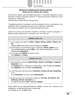 ВЖИВАННЯ НЕОЗНАЧЕНОЇ ФОРМИ ДІЄСЛІВ
(Gebrauch des Infinitivs der Verben)
Неозначена форма дієслів (інфінітив) разом з  особовою формою іншого
дієслова складає присудок речення. У  простому реченні інфінітив стоїть
наприкінці, наприклад:
Das Kind kann schon schnell und gut lesen.
У підрядному реченні змінювана частина присудка стоїть у кінці речення, тому
інфінітив стоїть на передостанньому місці у реченні, наприклад:
Die Mutter hat erzählt, dass ihr Kind schon gut lesen kann.
Залежно від того, яке дієслово становить змінювану частину присудка, ін-
фінітив може вживатися як із часткою «zu», так і без неї:
Infinitive ohne «zu»
1)	
після модальних дієслів: wollen, mögen, können, dürfen, müssen, sol-
len;
	 Morgen will unsere Klasse einen Kinobesuch machen.
2)	
після дієслів на позначення руху в просторі: fahren, gehen та ін.;
	
Unsere Basketballmannschaft fährt in die nächste Ortschaft an einem
Wettbewerb teilnehmen.
3)	
після дієслова bleiben та деяких інших.
	 Hier bleiben wir stehen.
Infinitive mit «zu»
1)	
після багатьох дієслів: beabsichtigen, planen, vorschlagen, vergessen,
beginnen та ін.;
	 Ich schlage vor im Frühling eine Klassenfahrt nach Dresden zu machen.
	 Wir beginnen unser Schulfest vorzubereiten.
2)	
після багатьох прикметників: interessant, wichtig, toll, gut, langweilig
та ін.;
	 Es ist interessant, an einem Quiz teilzunehmen.
3)	
після іменників, які пояснюють інфінітив: die Idee, die Absicht, die
Hoffnung, die Zeit, der Spaß та ін.
	 Ich habe heute keine Zeit, Fußball zu spielen.
Якщо інфінітив має відокремлюваний префікс, частка «zu» ставиться між
префіксом та коренем дієслова, наприклад:
Ich schlage dir vor, mitzukommen.
189
Grammatik
 