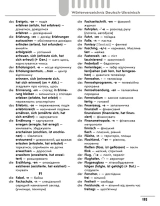 das	 Ereignis, -se — подія
	 erfahren (erfuhr, hat erfahren) —
дізнатися, довідатися
	 erfahren — досвідчений
die	 Erfahrung, -en — досвід; Erfahrungen
austauschen — обмінюватися досвідом
	 erfinden (erfand, hat erfunden) —
винайти
	 erfolgreich — успішний
	 erfreuen, sich (erfreute sich, hat
sich erfreut) (+ Gen.) — мати щось,
користуватися чимсь
der	 Erholungsort, -e — місце відпочинку
das	 Erholungszentrum, ...tren — центр
відпочинку
	 erinnern, sich (erinnerte sich,
hat sich erinnert) (an + Akk.) —
згадувати про когось, щось
die	 Erinnerung, -en — спогад; in Erinne-
rung bleiben — залишитися у спогадах
	 erleben (erlebte, hat erlebt) —
переживати; спостерігати
das	 Erlebnis, -se — переживання; подія
	 erlebnisreich — насичений подіями
	 ernähren, sich (ernährte sich, hat
sich ernährt) — харчуватися
die	 Ernährung — харчування
	 erregen (erregte, hat erregt) —
хвилювати, збуджувати
	 erscheinen (erschien, ist erschie-
nen) — з’являтися
	 erstaunend — дивовижний, що вражає
	 ertasten (ertastete, hat ertastet) —
торкатися, сприймати на дотик
	 erwachsen — дорослий
	 erweitern (erweiterte, hat erwei-
tert) — розширювати
die	 Erzählung, -en — оповідання
	 existieren (existierte, hat existiert) —
існувати
Ff
die	 Fabel, -n — байка
die	 Fachschule, -n — спеціальний
середній навчальний заклад
(училище, технікум)
die	 Fachzeitschrift, -en — фаховий
журнал
der	 Fahrplan, -¨-e — розклад руху
(потягів, автобусів)
die	 Fahrt, -en — поїздка
die	 Falle, -n — пастка
die	 Fantasy ['f0nt3zi] — фентезі
der	 Fasching, -e/-s — карнавал, Масляна
	 fast — майже
die	 Fastenzeit, -en — піст
	 faszinierend — захопливий
der	 Federball — бадмінтон
das	 Ferienlager, - — табір відпочинку
	 fern|sehen (sah fern, hat ferngese-
hen) — дивитися телевізор
der	 Fernseher, - — телевізор
das	 Fernsehprogramm, -e — телевізійна
програма
die	 Fernsehsendung, -en — телевізійна
передача
das	 Fernstudium — заочне навчання
	 fertig — готовий
das	 Feuerzeug, -e — запальничка
	 finanziell — фінансовий
	 finanzieren (finanzierte, hat finan-
ziert) — фінансувати
die	 Finanzmetropole, -n — фінансова
метрополія
	 finnisch — фінський
	 flach — плаский, рівний
die	 Fläche, -n — територія, площа
das	 Flachland, -¨-er — рівнина,
низовина
	 fließen (floss, ist geflossen) — текти
	 flink — меткий, спритний
der	 Flug, -¨-e — політ, переліт
der	 Flughafen, -¨- — аеропорт
der	 Flugzeugbau — літакобудування
	 folgen (folgte, ist gefolgt) (+ Dat.) —
слідувати
der	 Forscher, - — дослідник
	 frei — вільний
die	 Freiheit — свобода
die	 Freistunde, -n — вільний від занять час
	 freitags — щоп’ятниці
195
Wörterverzeichnis Deutsch-Ukrainisch
 