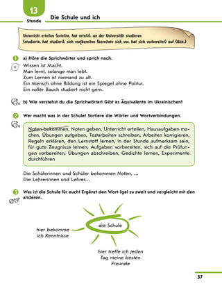 Stunde
37
Die Schule und ich
13
Unterricht erteilen (erteilte, hat erteilt), an der UniversitЉt studieren
(studierte, hat studiert), sich vor|bereiten (bereitete sich vor, hat sich vorbereitet) auf (Akk.)
	 a) Höre die Sprichwörter und sprich nach.
Wissen ist Macht.
Man lernt, solange man lebt.
Zum Lernen ist niemand zu alt.
Ein Mensch ohne Bildung ist ein Spiegel ohne Politur.
Ein voller Bauch studiert nicht gern.
	 b) Wie verstehst du die Sprichwörter? Gibt es Äquivalente im Ukrainischen?
	 Wer macht was in der Schule? Sortiere die Wörter und Wortverbindungen.
Noten bekommen, Noten geben, Unterricht erteilen, Hausaufgaben ma-
chen, Übungen aufgeben, Testarbeiten schreiben, Arbeiten korrigieren,
Regeln erklären, den Lernstoff lernen, in der Stunde aufmerksam sein,
für gute Zeugnisse lernen, Aufgaben vorbereiten, sich auf die Prüfun-
gen vorbereiten, Übungen abschreiben, Gedichte lernen, Experimente
durchführen
Die Schülerinnen und Schüler bekommen Noten, …
Die Lehrerinnen und Lehrer…
	 Was ist die Schule für euch? Ergänzt den Wort-Igel zu zweit und vergleicht mit den
anderen.
die Schule
hier bekomme
ich Kenntnisse
hier treffe ich jeden
Tag meine besten
Freunde
 
