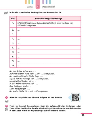 Lektion
85
Massenmedien
4
	 b) Erstellt zu zweit eine Ranking-Liste und kommentiert sie.
Platz Name des Magazins/Auflage
1. SPIESSER/kostenlose Jugendzeitschrift mit einer Auflage von
400 000 Exemplaren
2. …
3. …
4. …
5. …
6. …
7. …
8. …
9. …
10. …
An der Spitze sehen wir ... .
Auf dem ersten Platz steht … mit … Exemplaren.
An zweiter/dritter/… Stelle folgt … .
Es/Sie hat die Auflage von … Exemplaren.
Im Mittelfeld finden wir … .
In der Mitte befinden sich … .
Ihre Auflagen sind … .
Dann folgt/folgen ... .
An letzter Stelle ist … mit … Exemplaren.
	 Höre die Gespräche und löse die Aufgabe auf der Website.
	 Finde im Internet Informationen über die auflagenstärksten Zeitungen oder
Zeitschriften der Ukraine. Erstelle eine Ranking-Liste und mache eine Präsentation
in der Klasse. Nimm die Kopiervorlage auf der Website zu Hilfe.
 